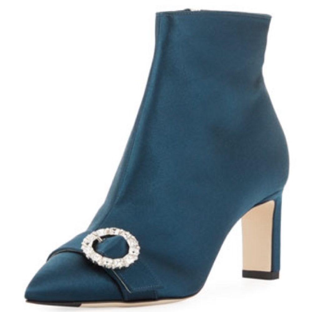 JIMMY CHOO Dusk Blue Hanover Booties Boots Satin Rhinestone 40 9.5/10 NIB